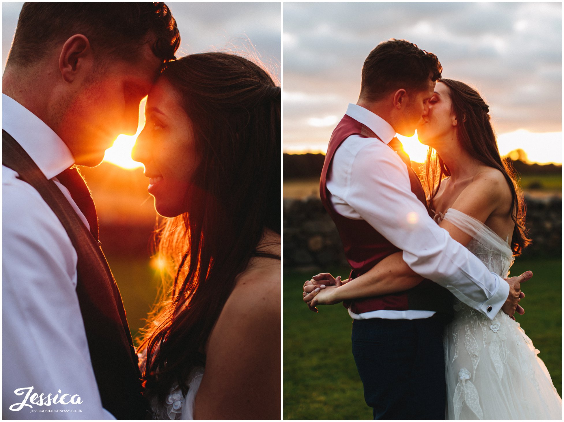 bride &amp; groom kiss in the golden light at the outbuildings