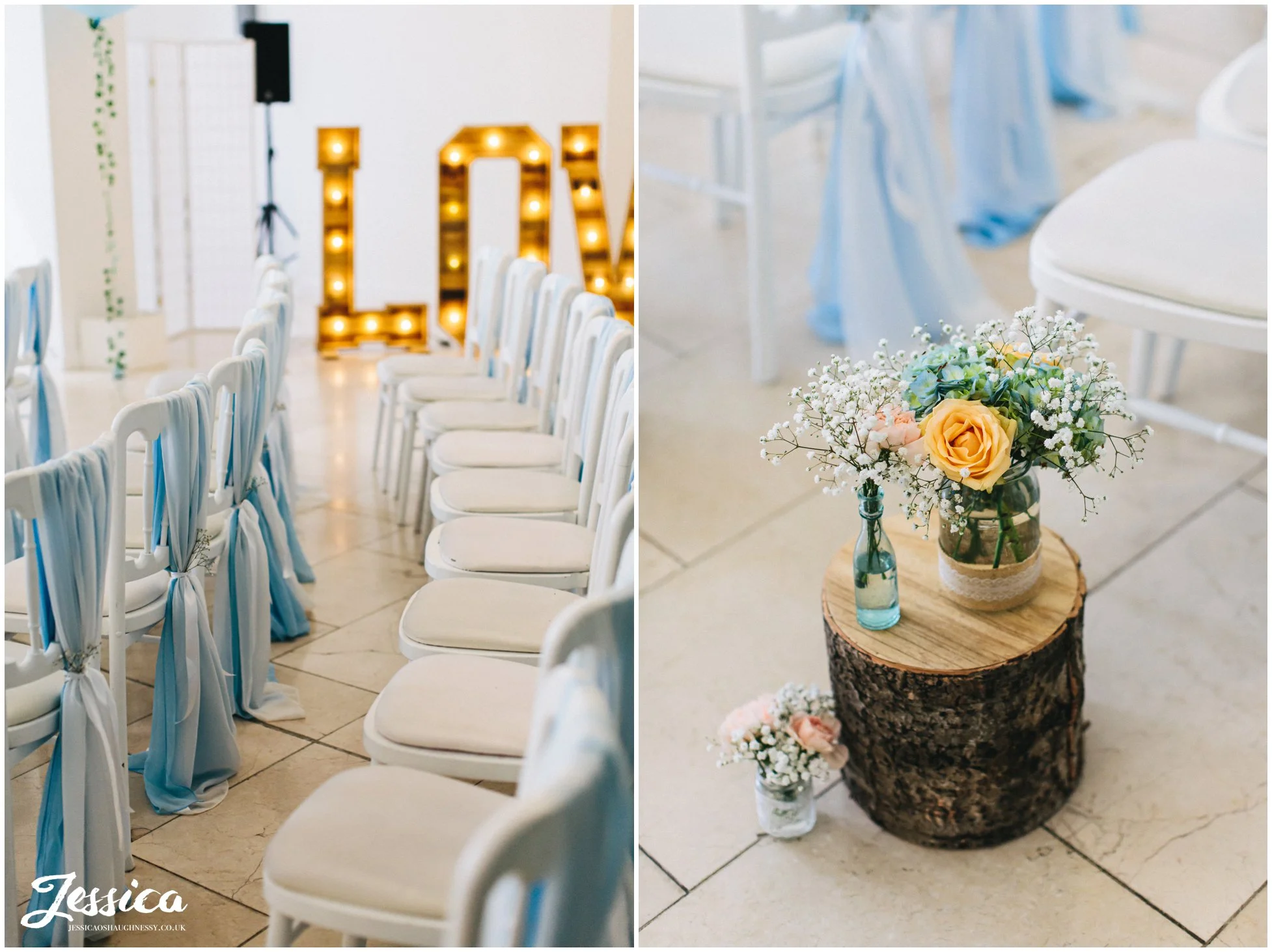 blue & peach flowers decorate the liverpool wedding venue