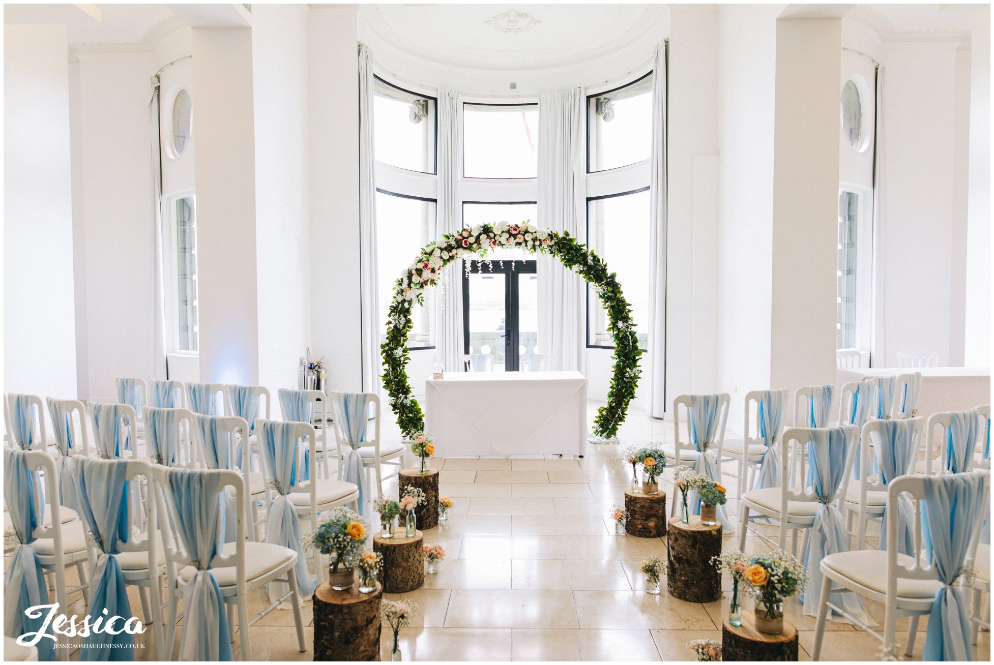 Ceremony room at liver building dressed for wedding