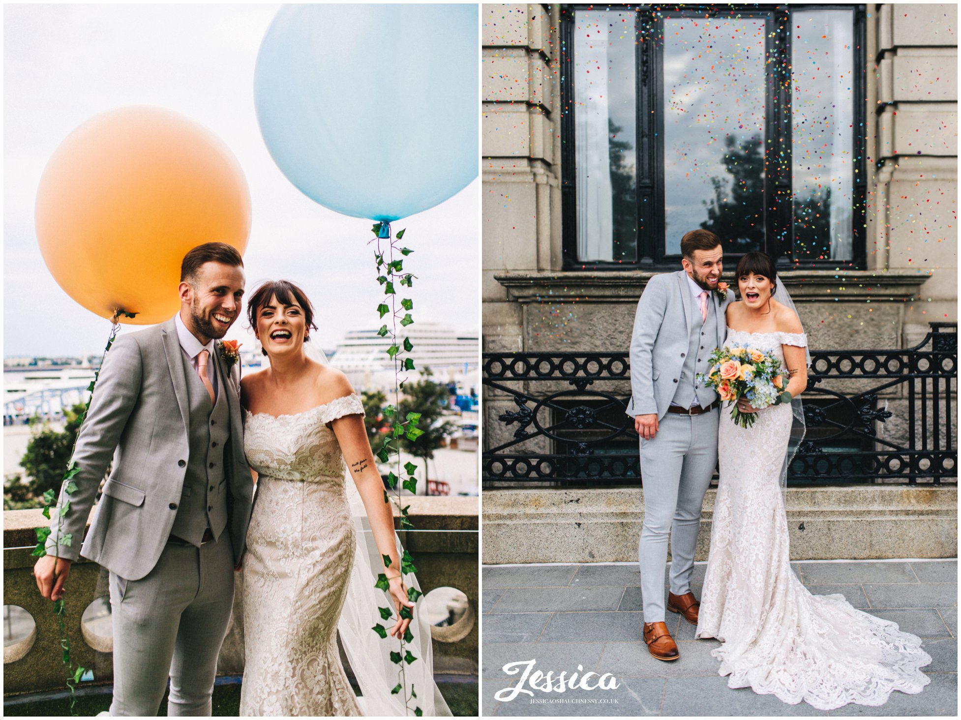 the couple pose with giant balloons 