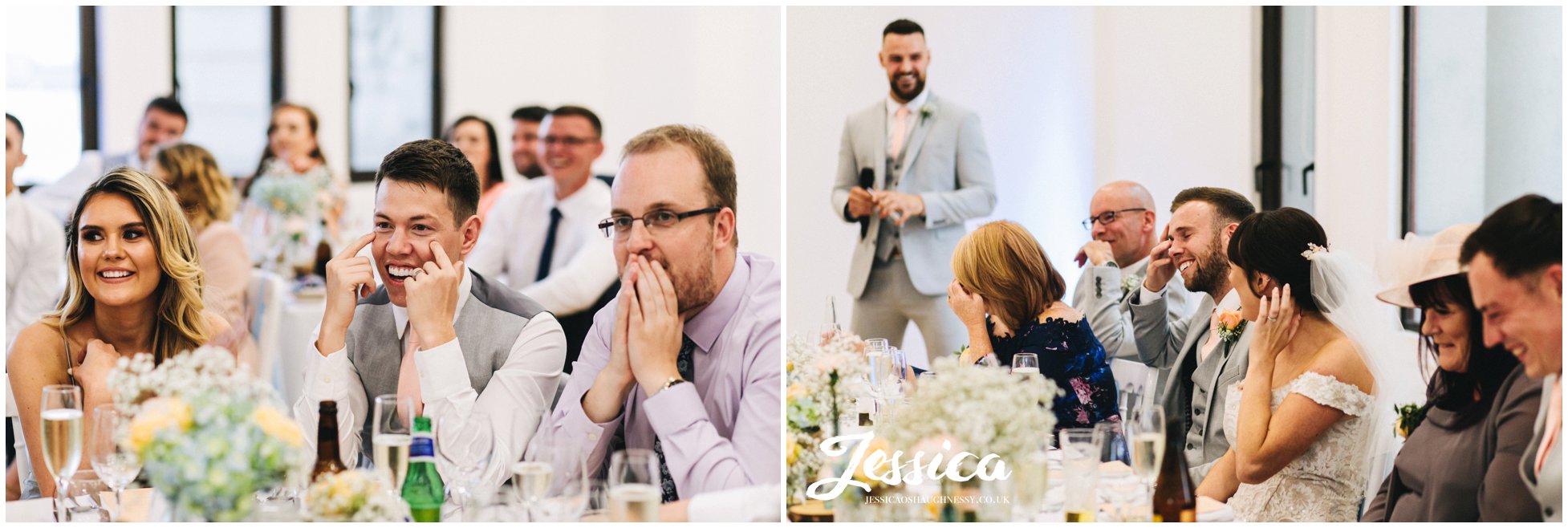 best man stands to do his speech as the groom cringes 