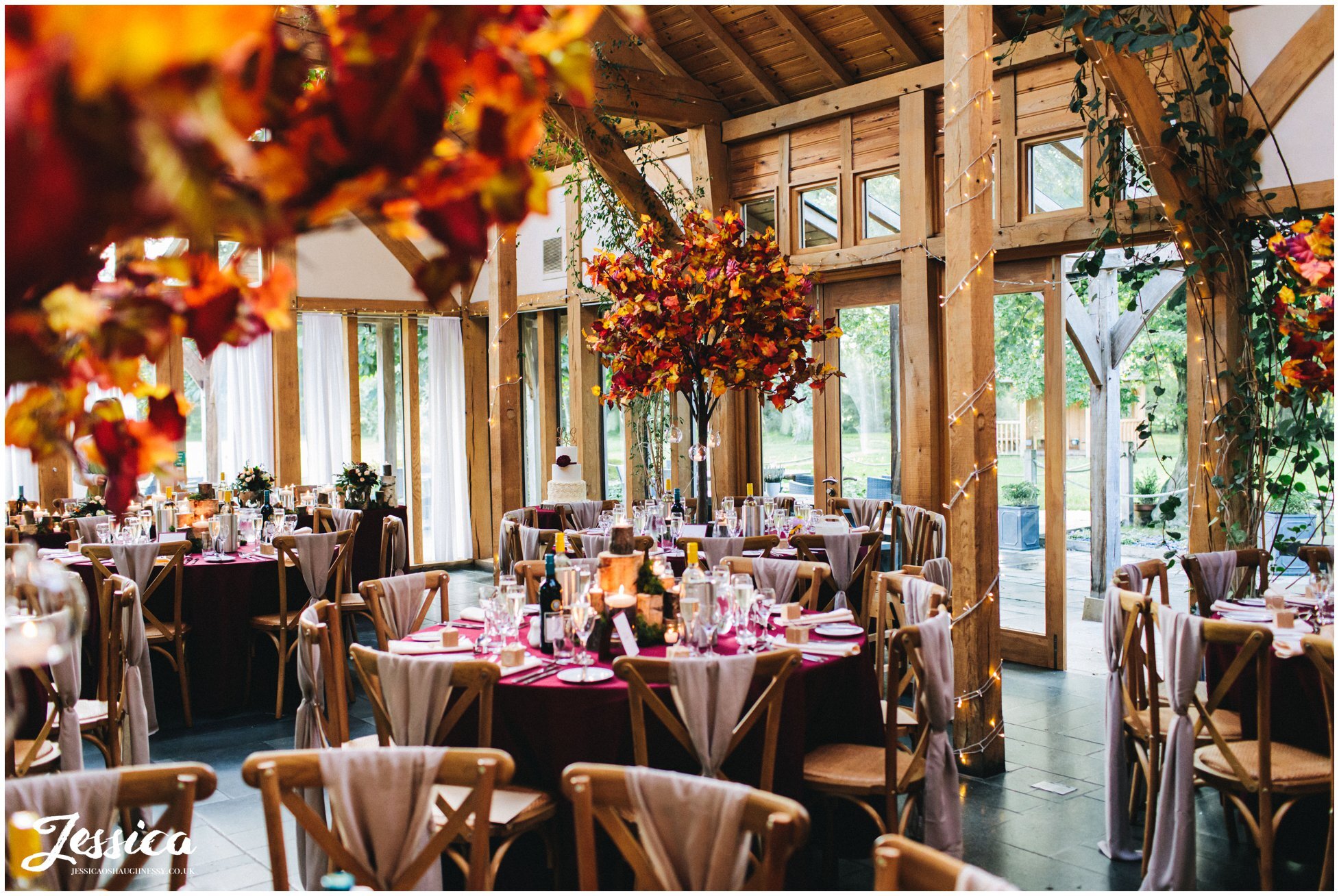 the oak tree of peover decorated in autumnal colours for an October wedding