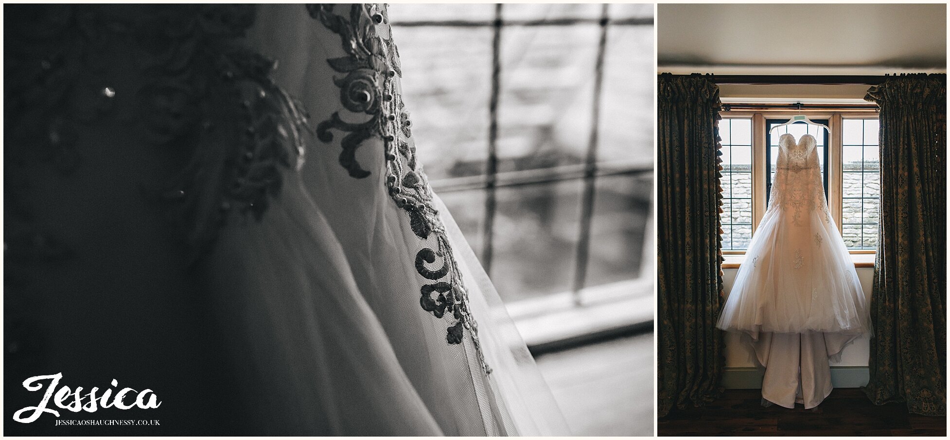 wedding dress hangs in window of the lost orangery