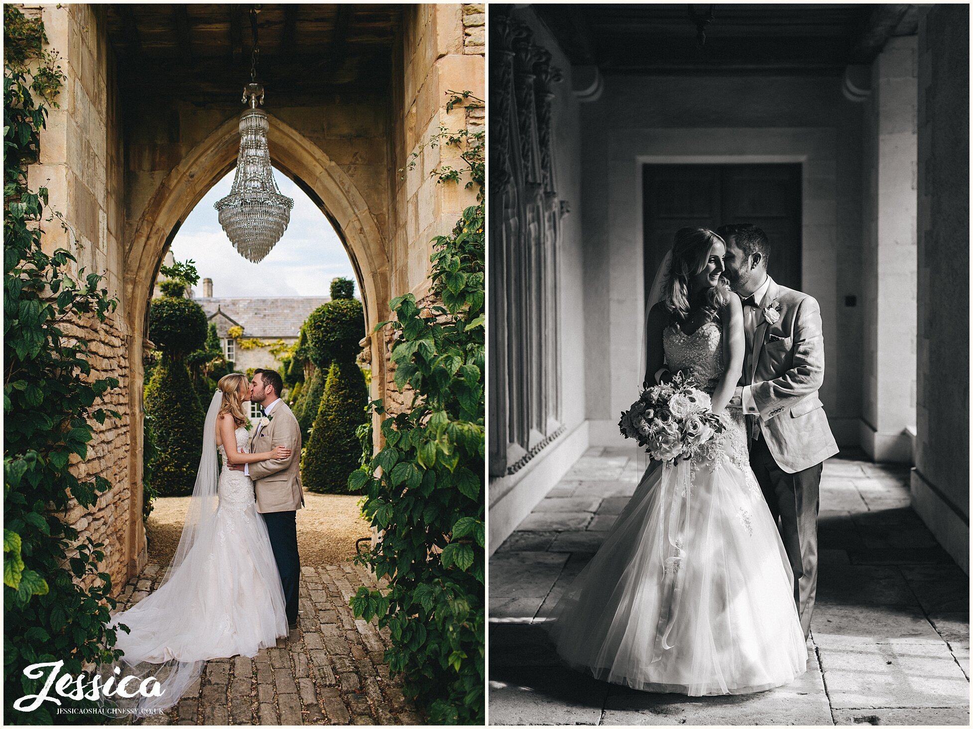 bride and groom photographed under the lost orangery chandelier