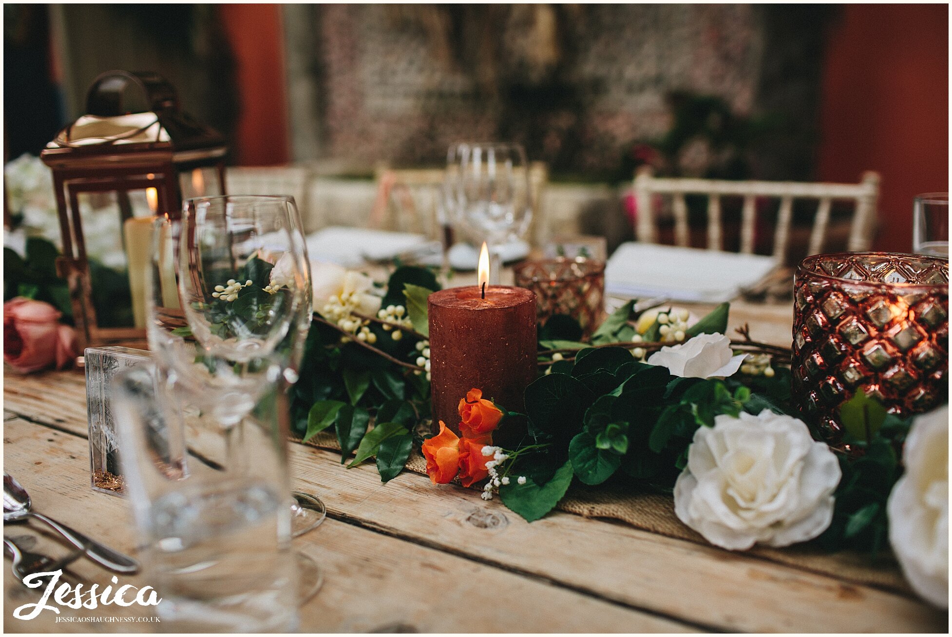 copper candles decorate the table 