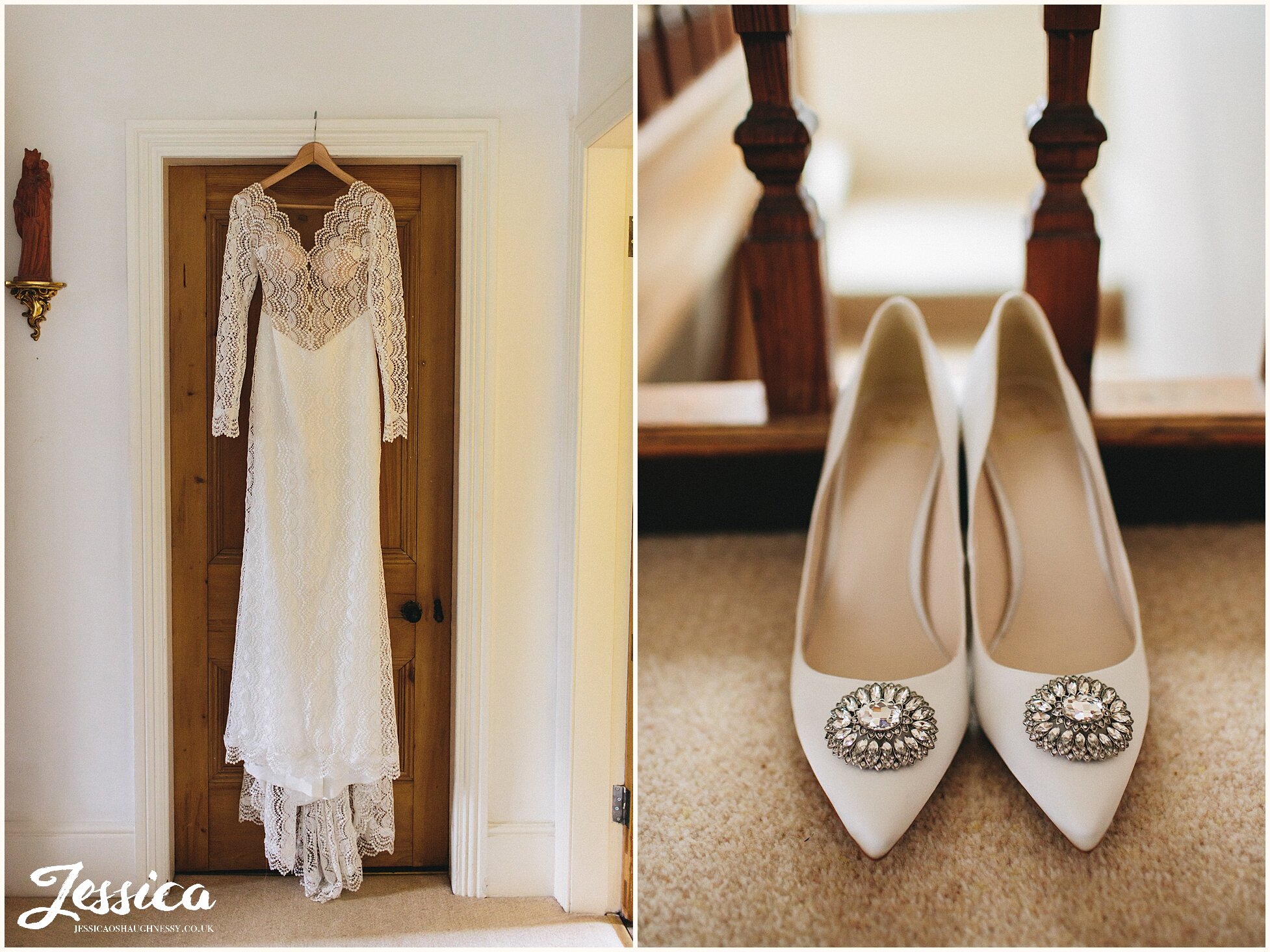 wedding dress and bridal shoes at the brides home in liverpool