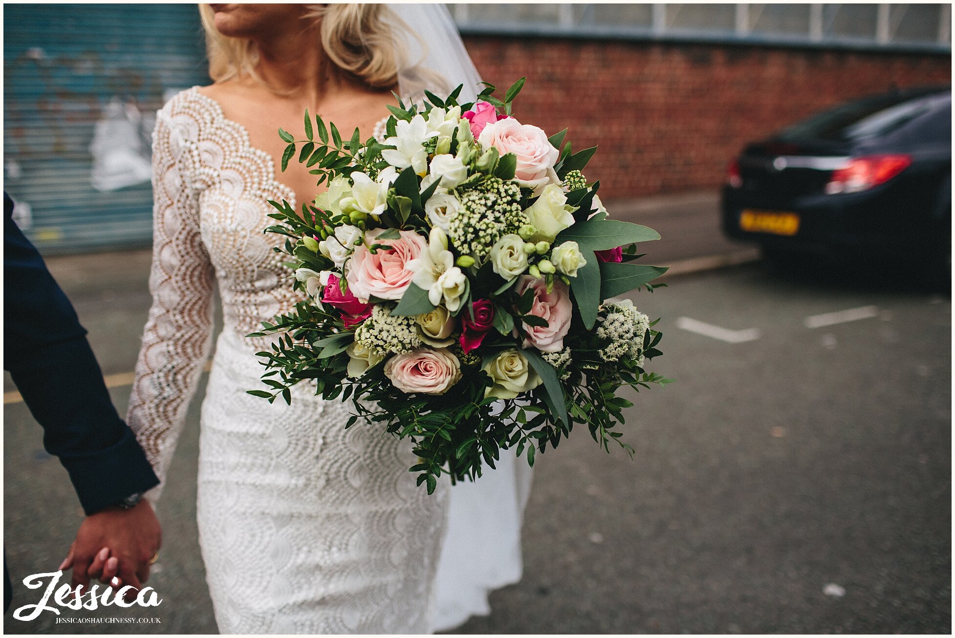 boho bouquet &amp; lace dress for the quirky wedding at constellations wedding in liverpool