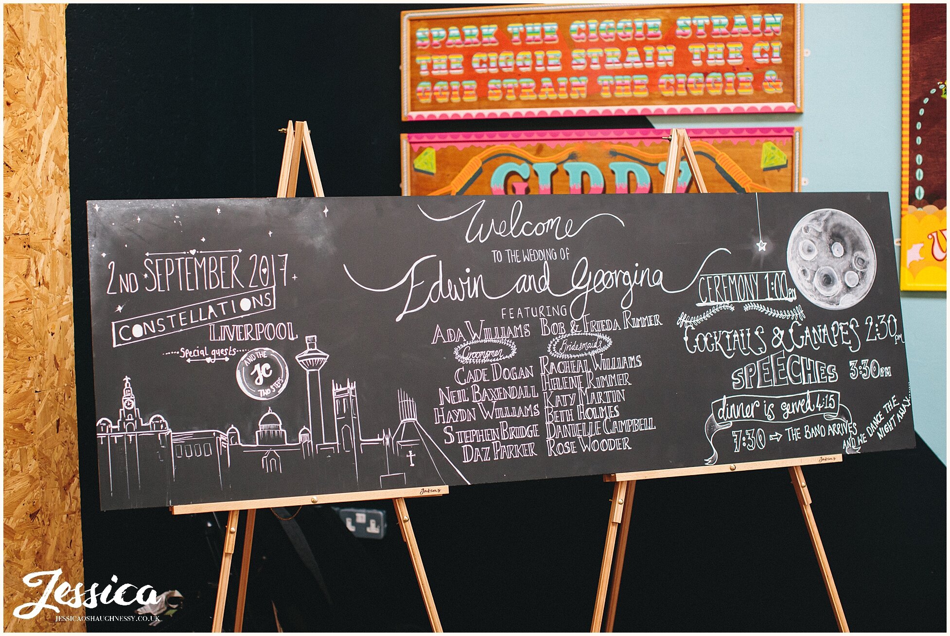 blackboard timeline of the day at constellations wedding in liverpool