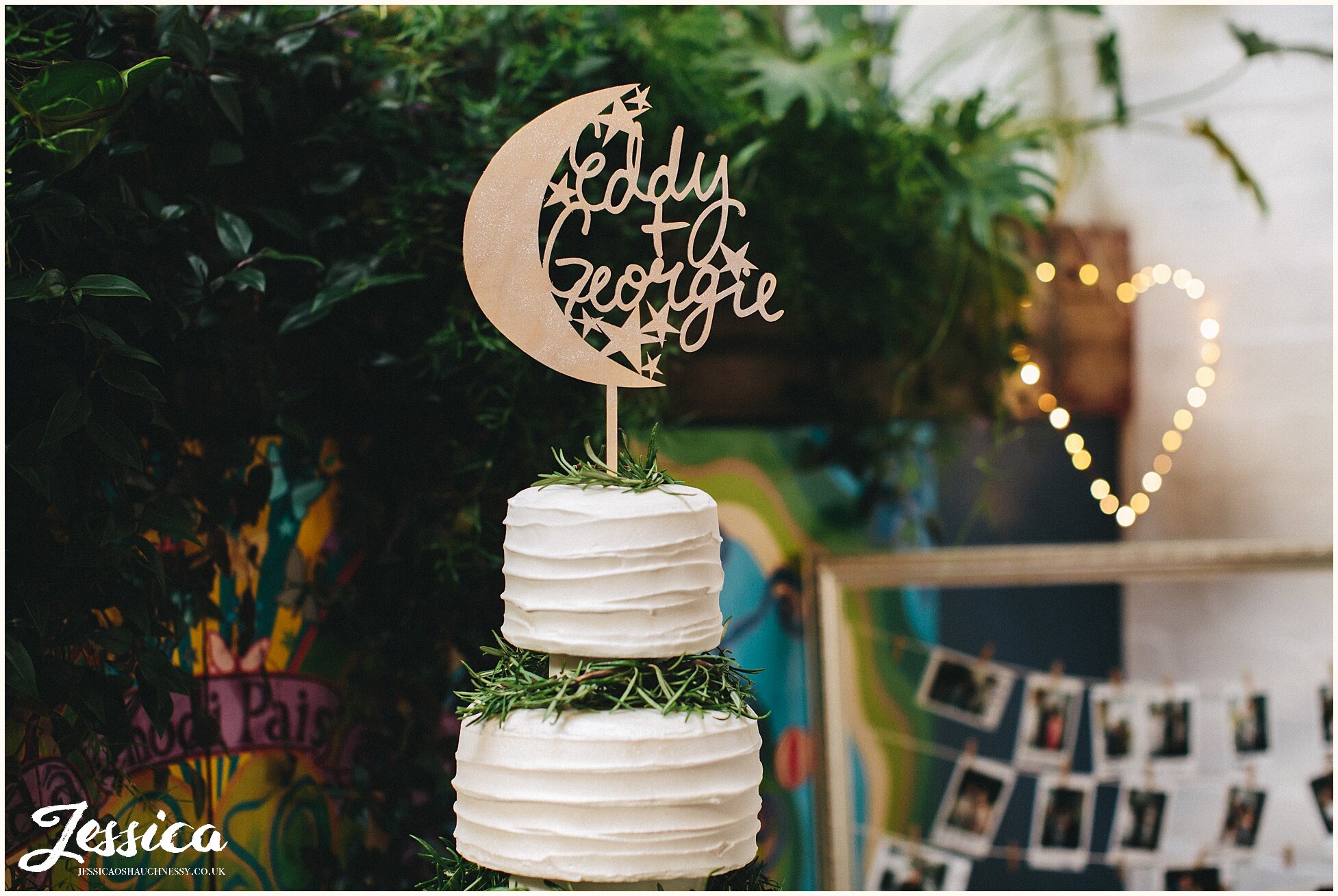 wooden cake topper with moon &amp; stars