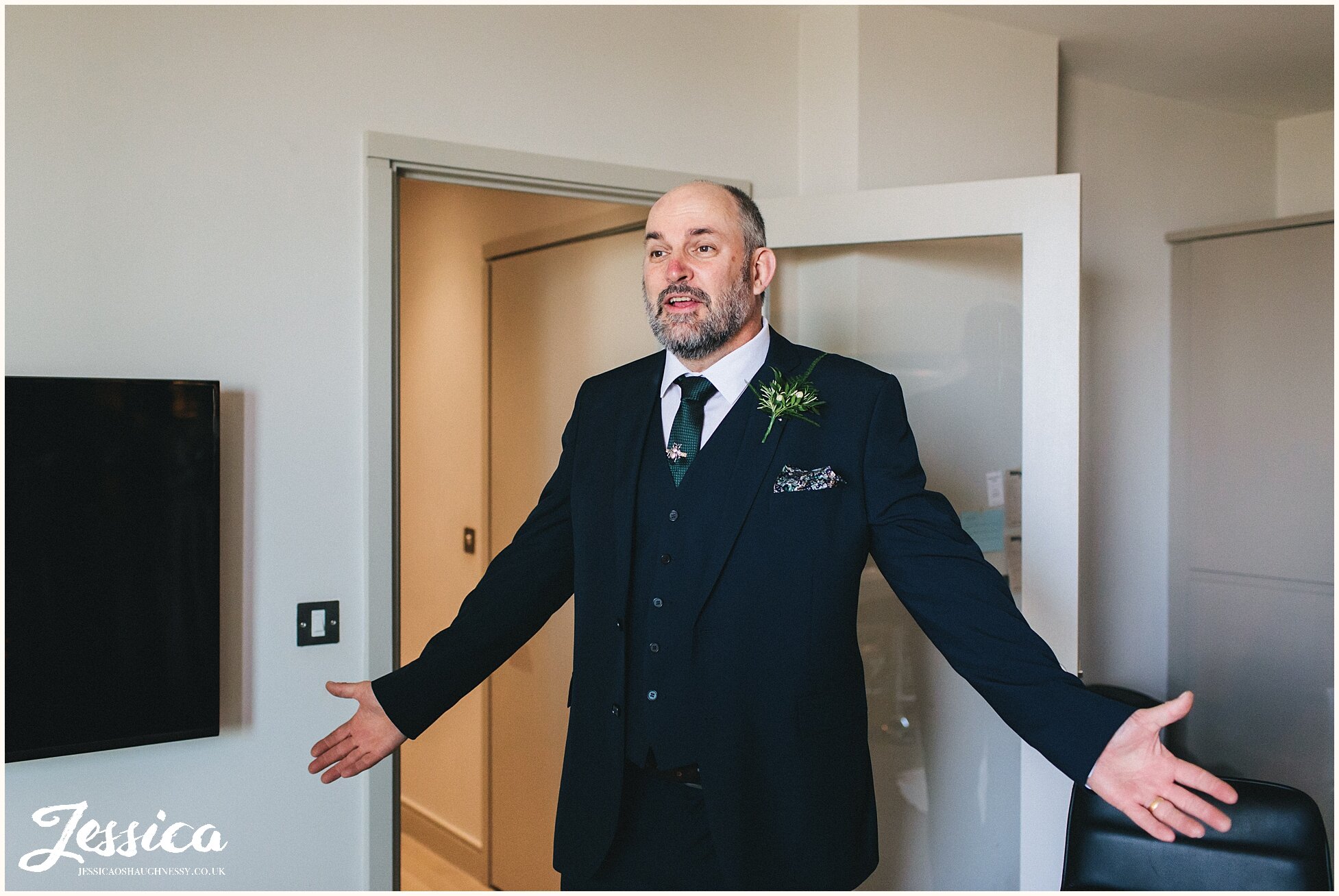 father of the bride arrives for his daughters manchester wedding