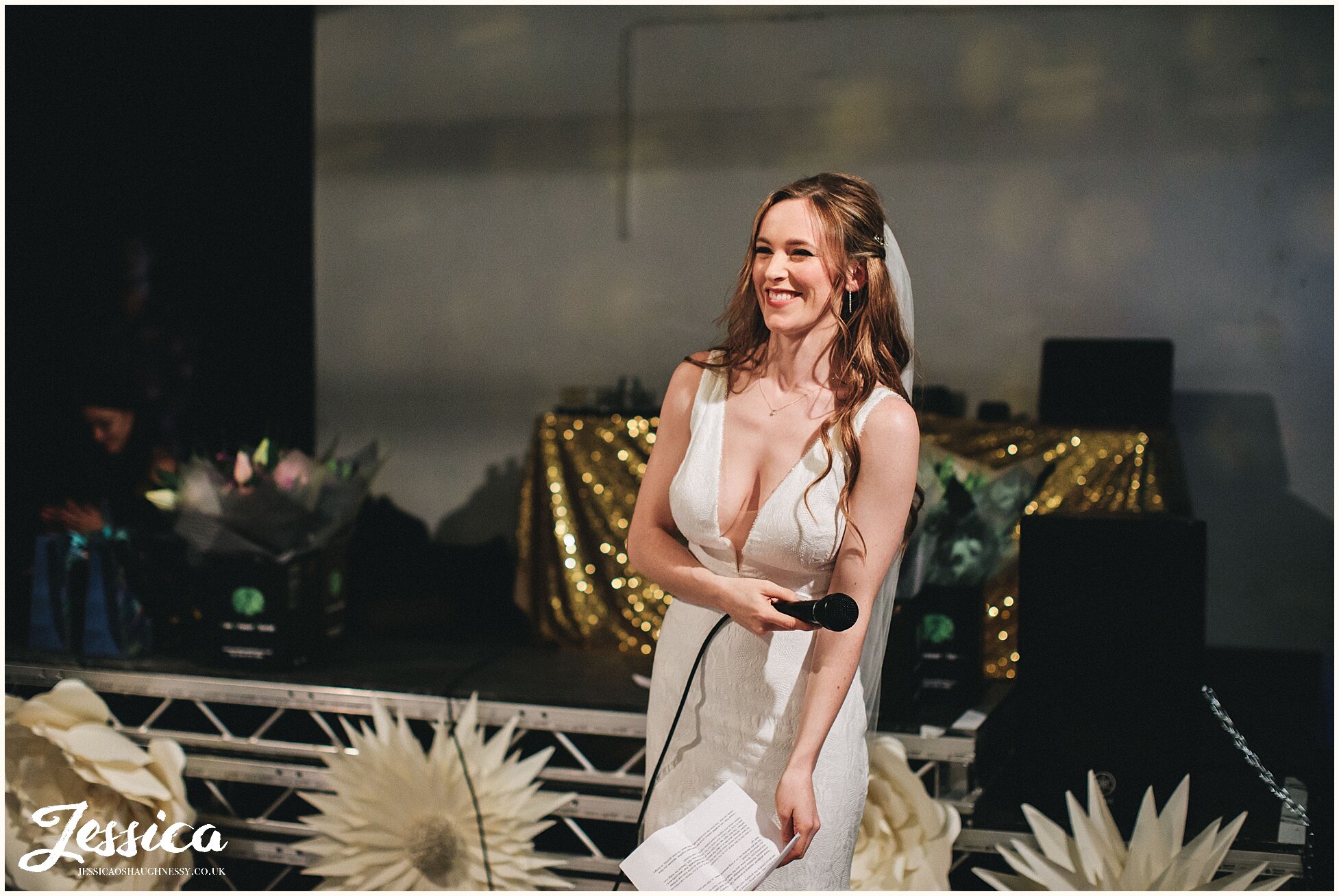 bride laughs giving her speech at hope mill theatre