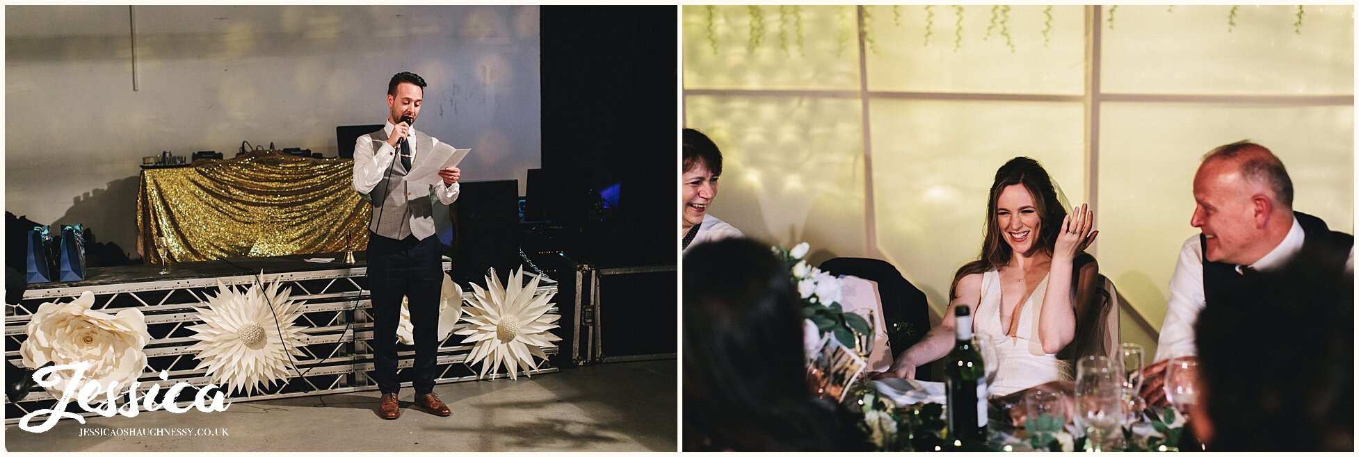 the bride laughs as the groom gives his speech