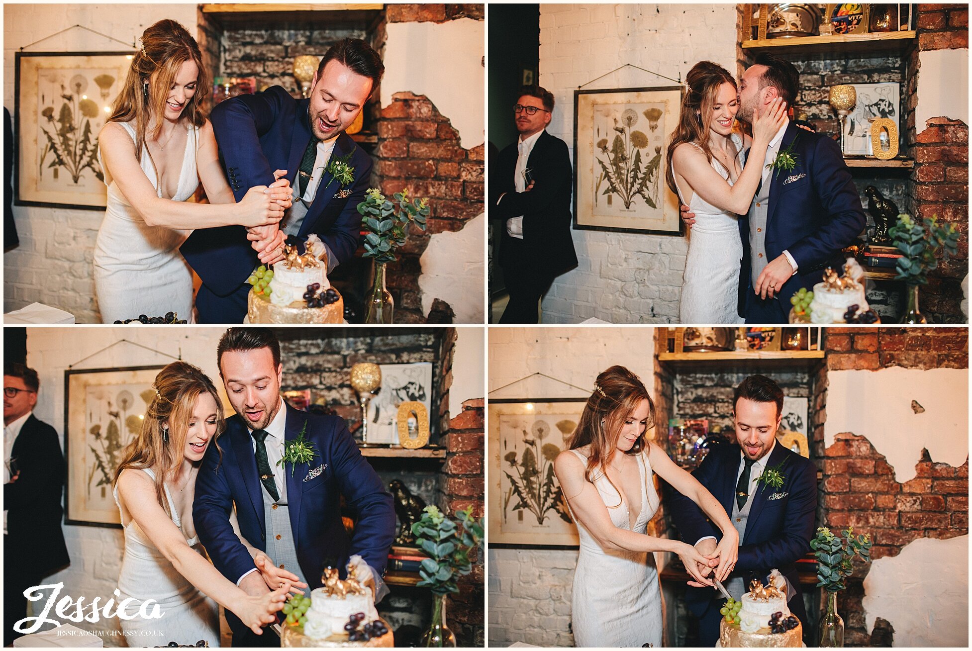 bride &amp; groom cut their cake at the hope mill theatre wedding