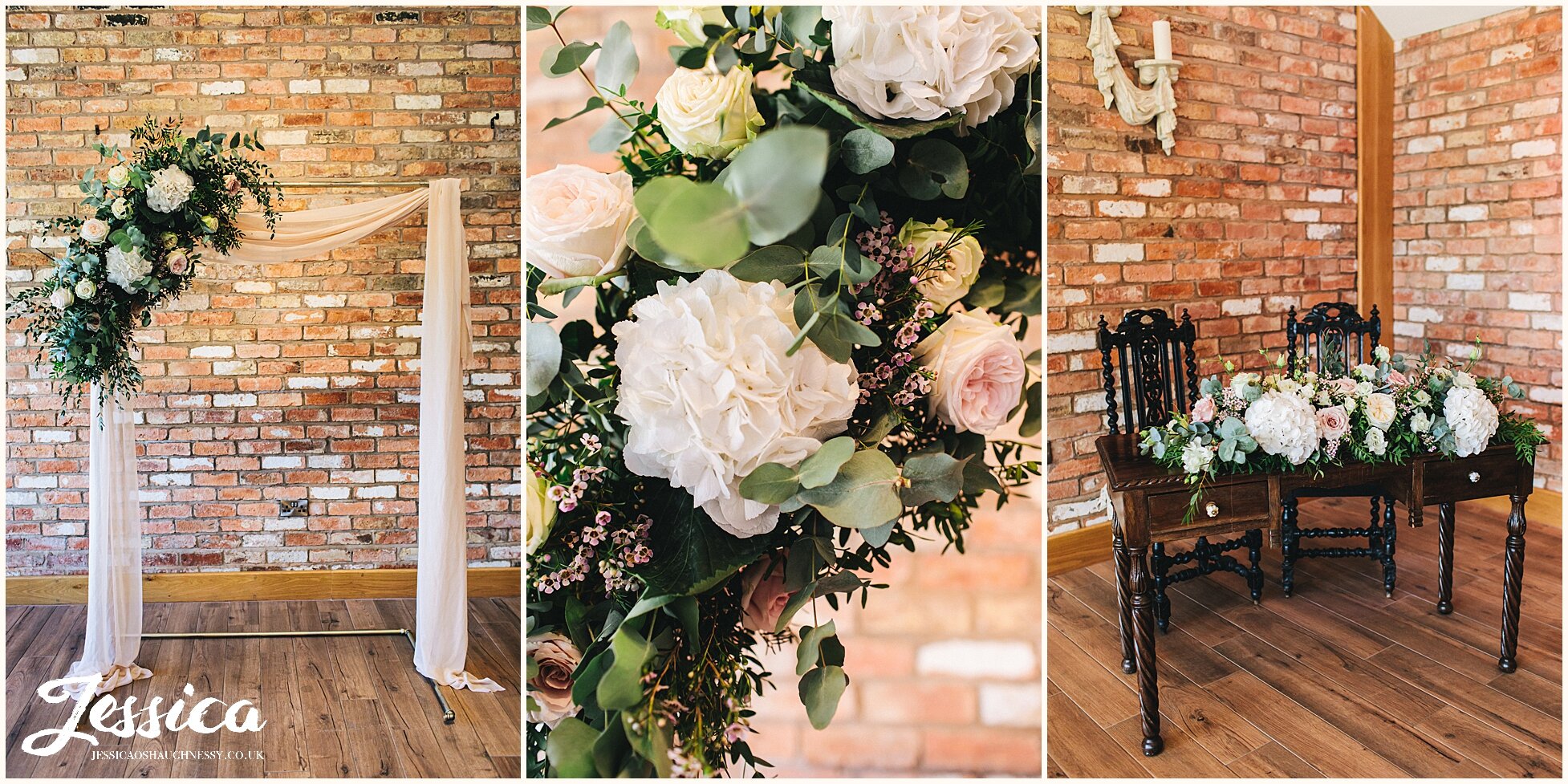 blush pink &amp; ivory flowers decorate the oak barn at keythorpe manor