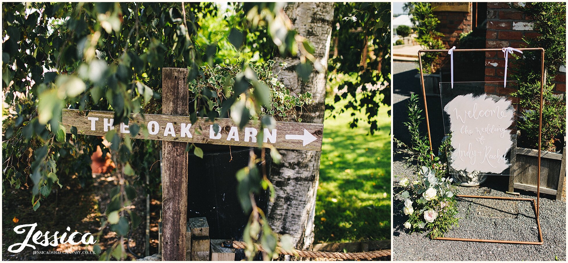 signs point guests to the oak barn for the wedding ceremony 