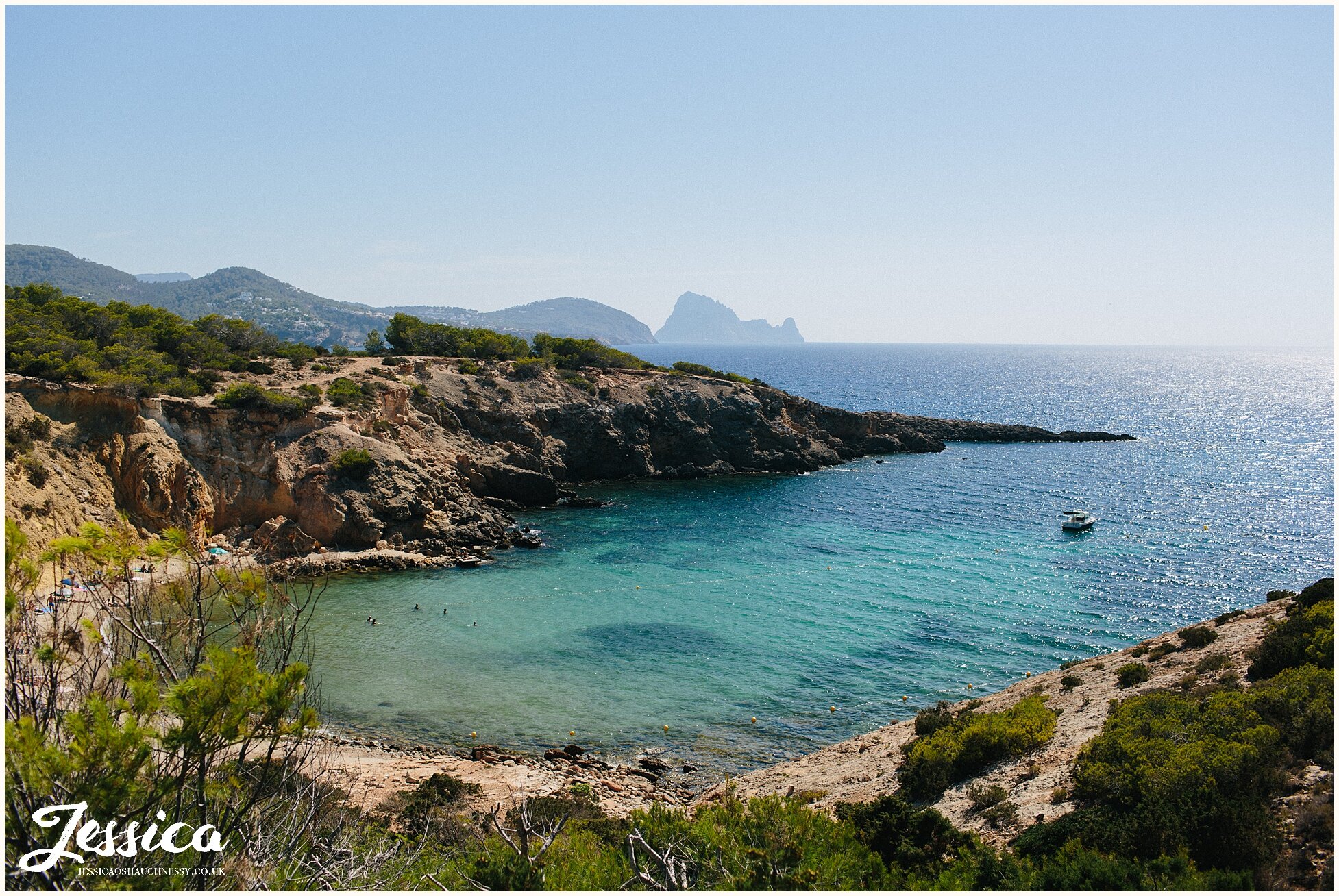 view of cala codolar beach taken from Elixir, Ibiza