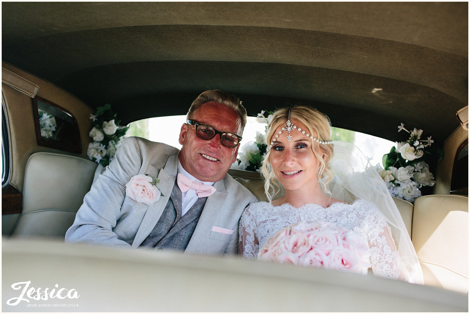 Ibiza wedding photographer - bride &amp; her father in their car before the ceremony