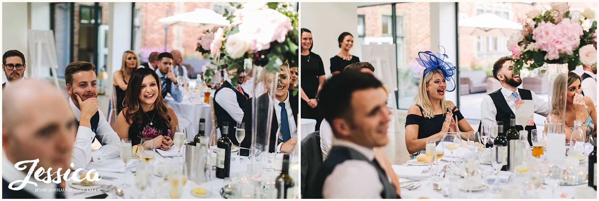 guests laughing during the grooms speech