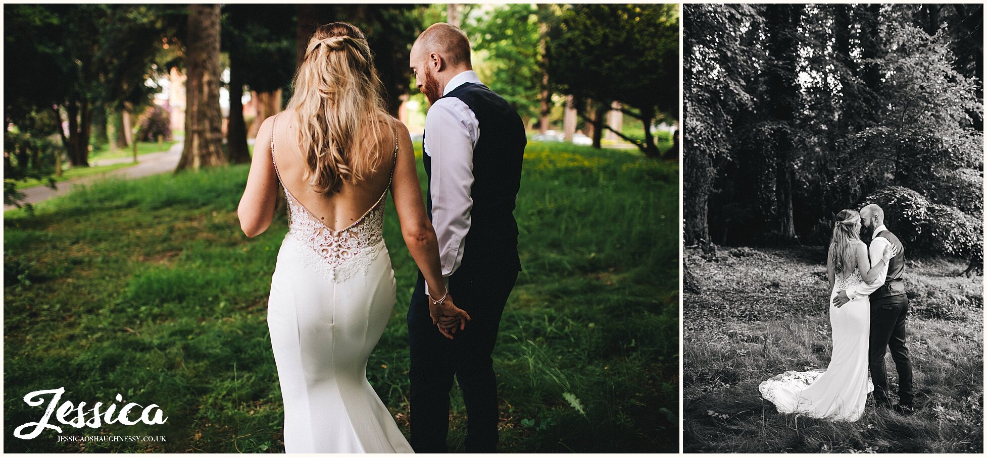 bride shows of the detail on the back of her dress