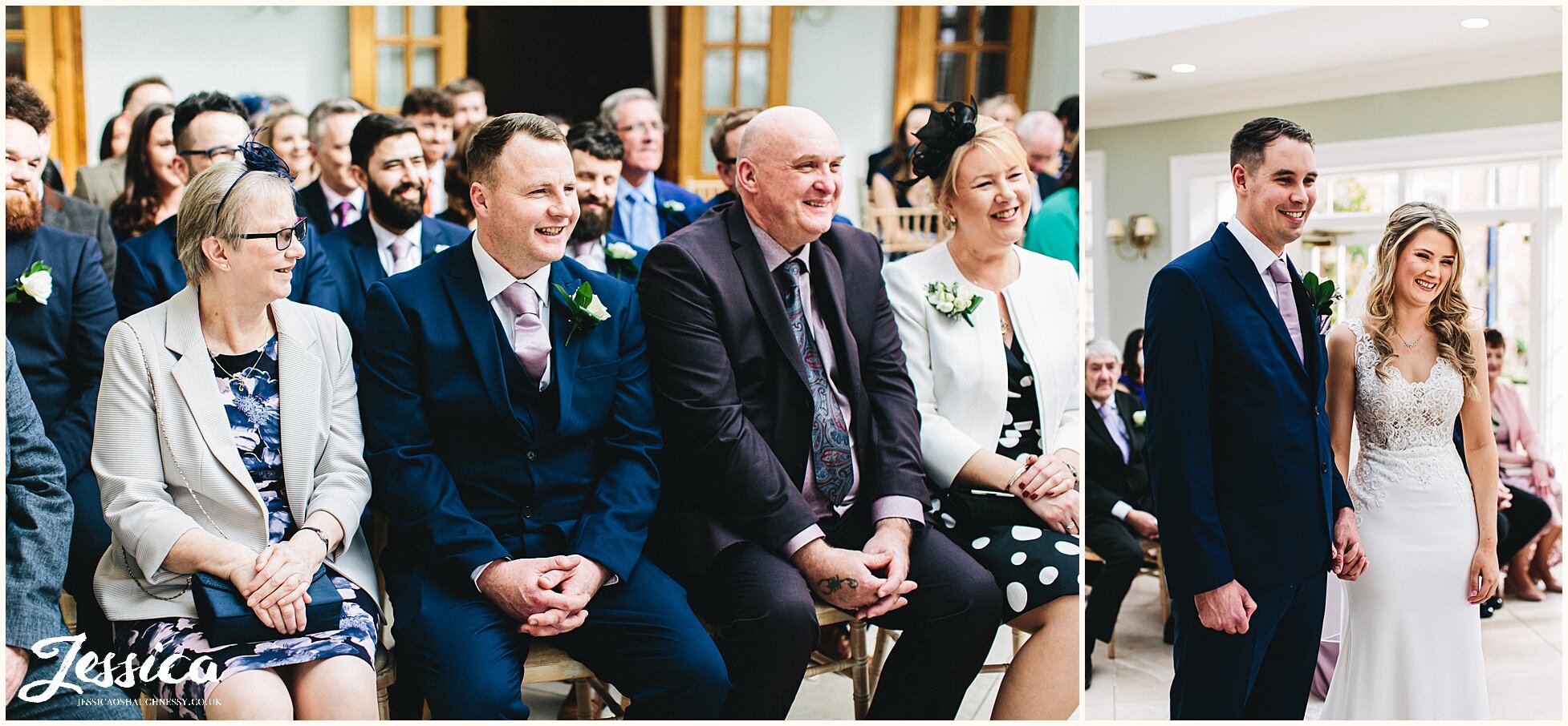 guests smile at the couple during the service