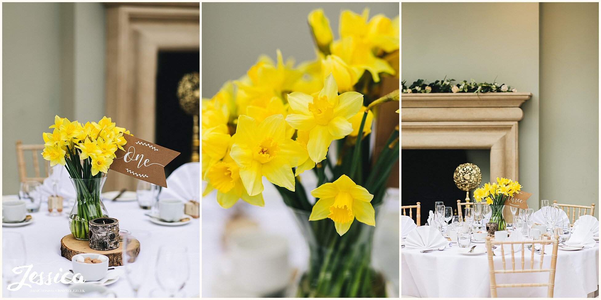 daffodils decorate the tables for the spring wedding
