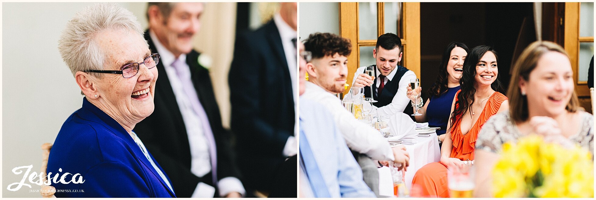 wedding guests laugh during the grooms speech