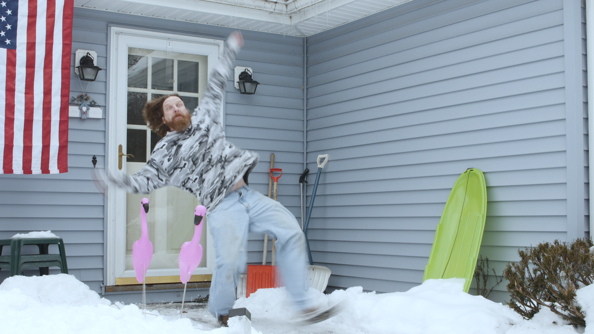 Actor Brian Higgs taking a prat fall in this ungraded still from Happy Dog.