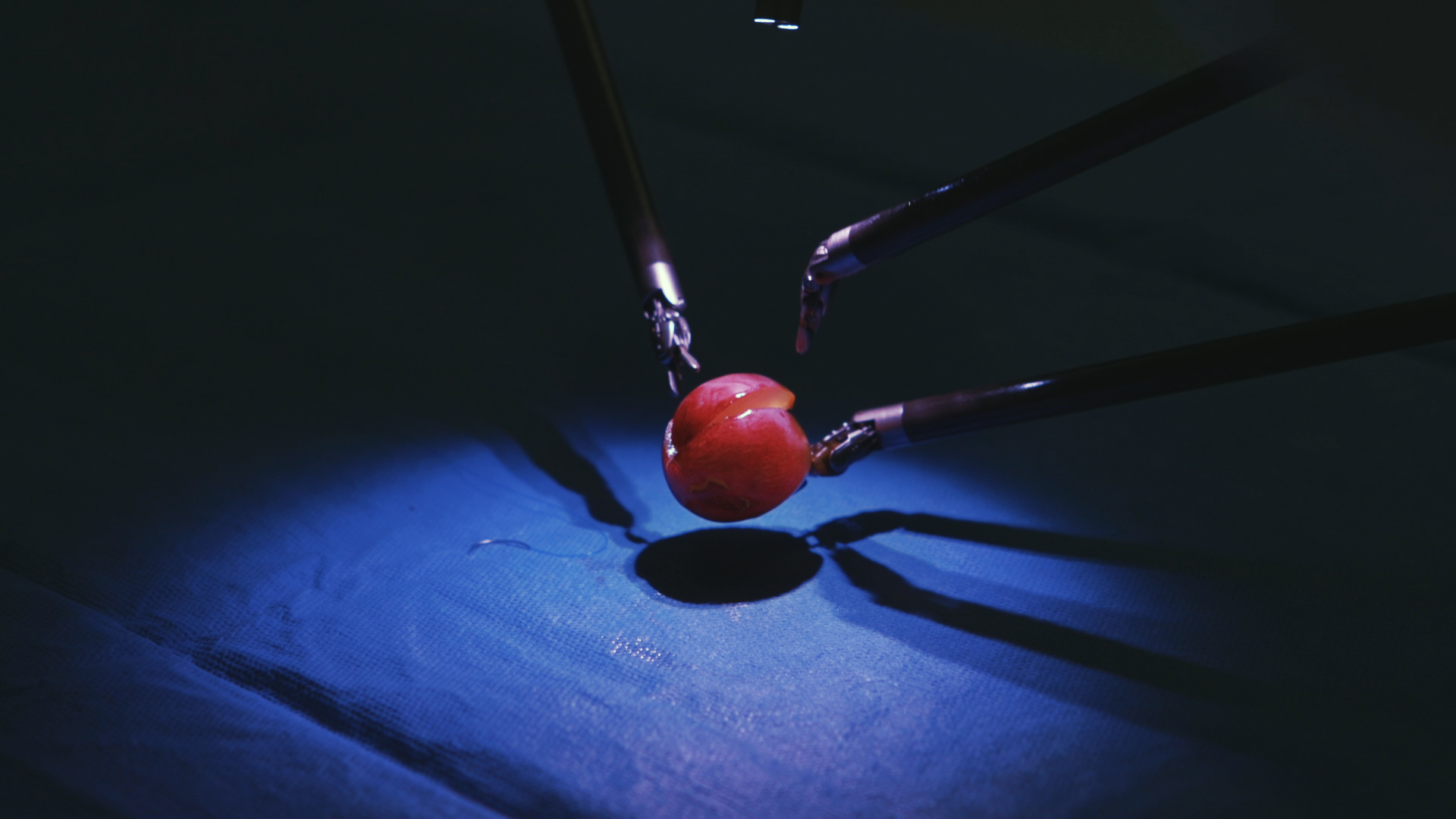 The spider-like arms of the Davinci are stitching that grape up while being operated by a doctor sitting a console across the room.