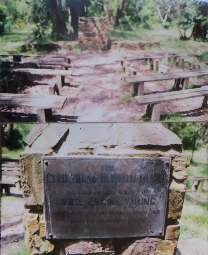 Chapel in the 1990s showing its dedication to Cyril Young (plaque and seats since removed)