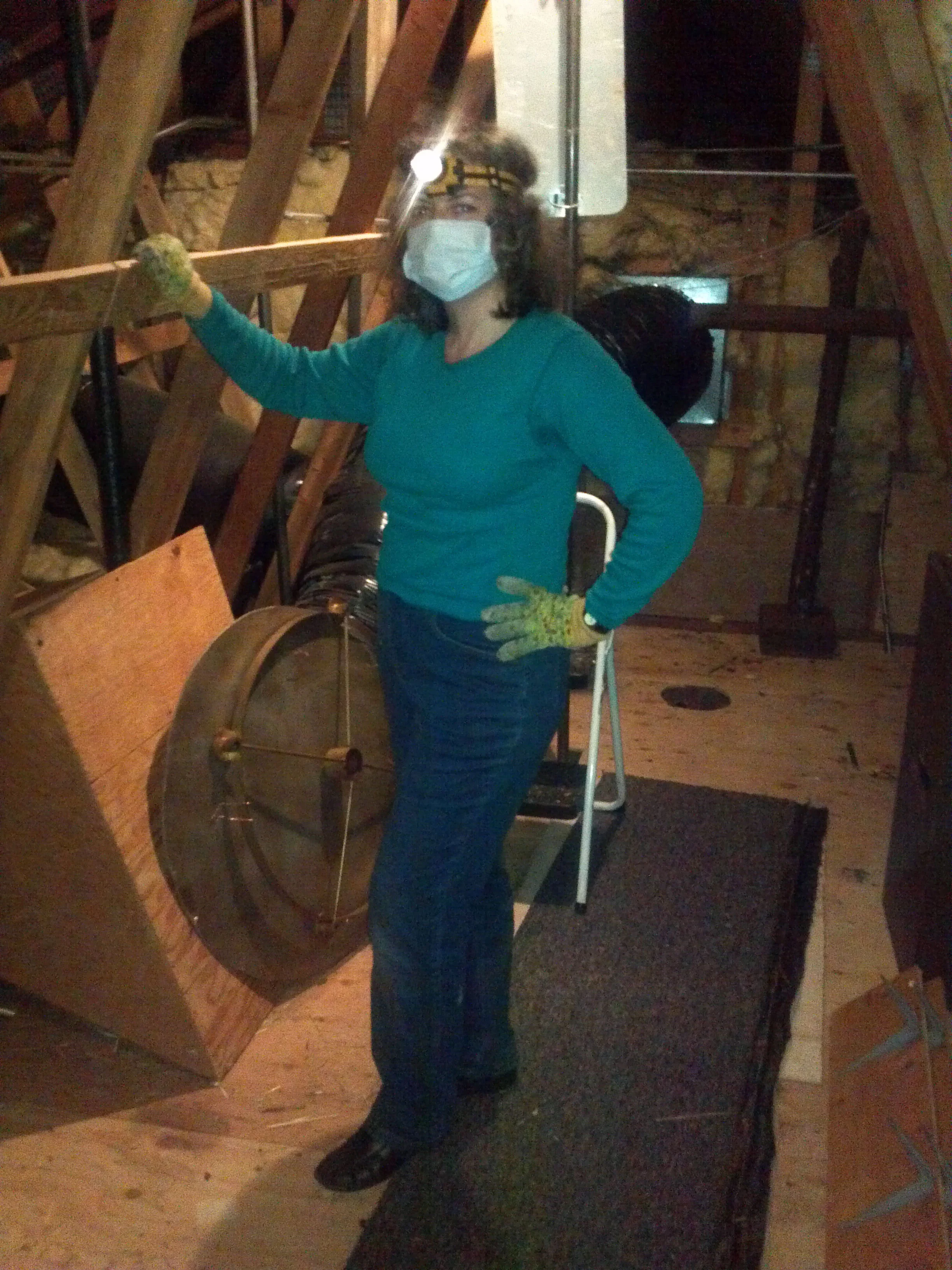 Pastor Virginia on attic cleaning duty.