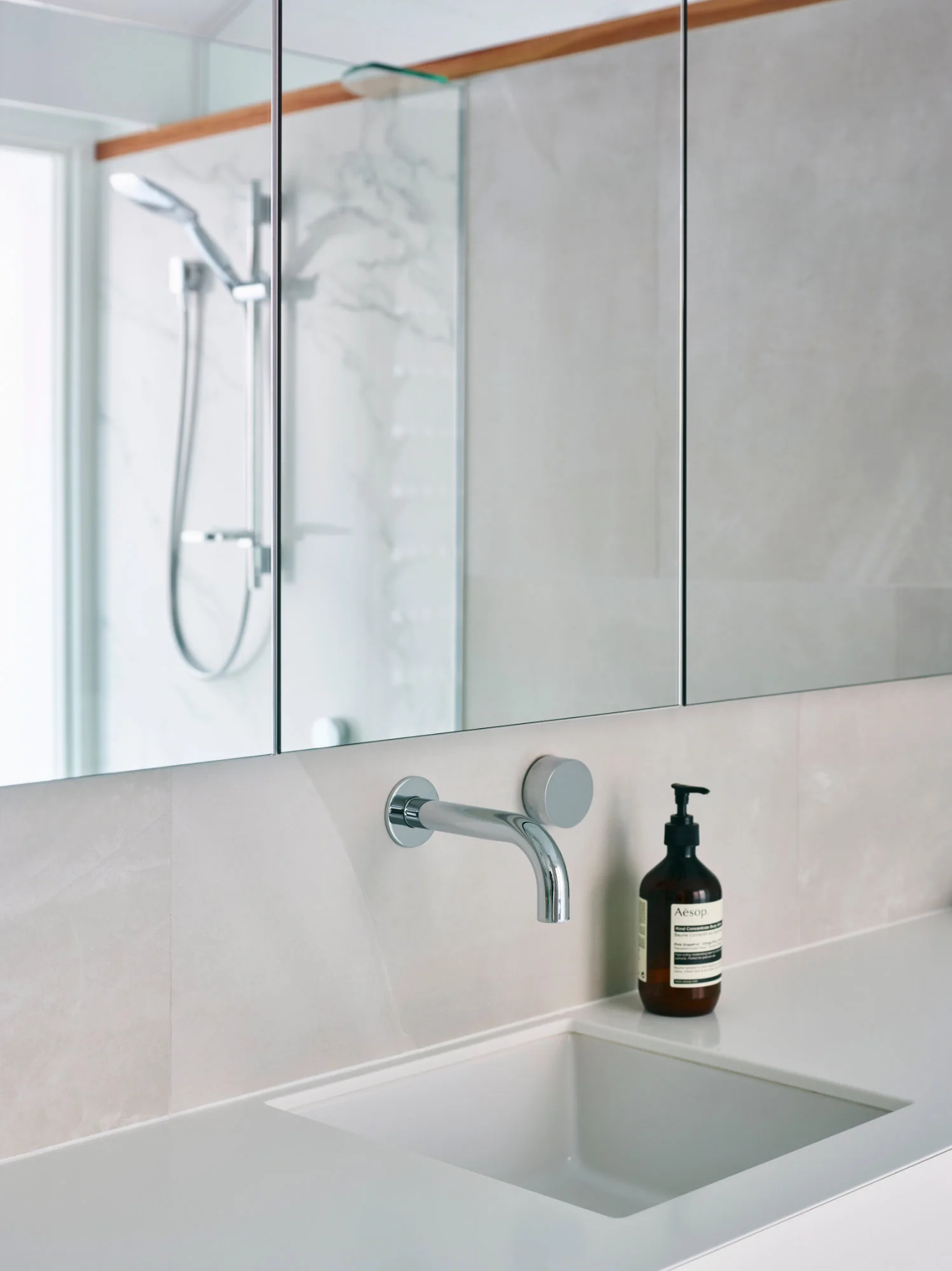  Architectural bathroom design with marble and timber features in New Farm, Brisbane. 