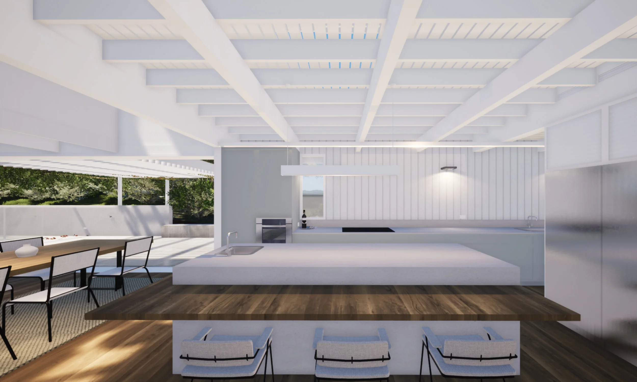  Interior architecture, the kitchen flows into the living room and then continuing through to the outdoor area.  