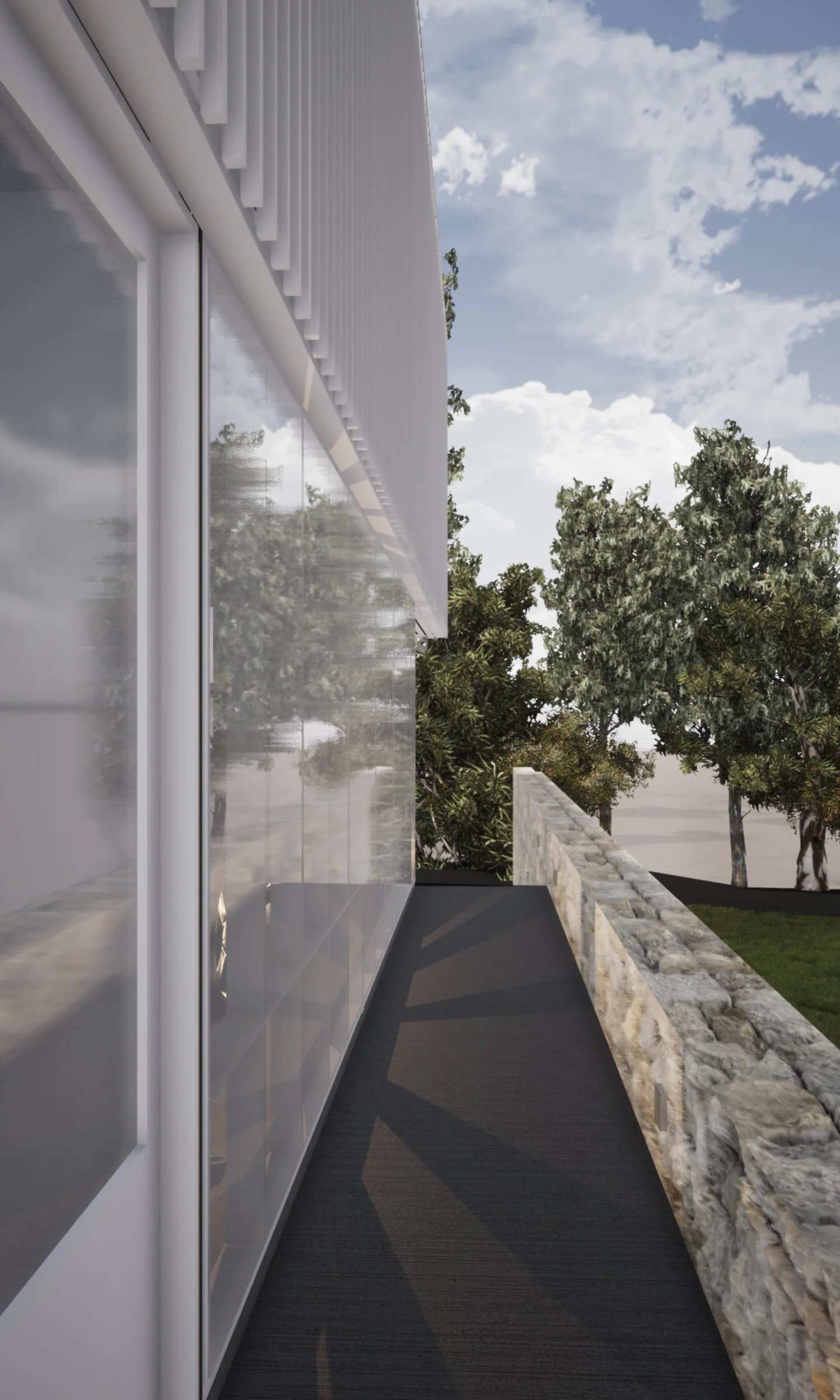  Entry way featuring split stone and a semi transparent facade system.  