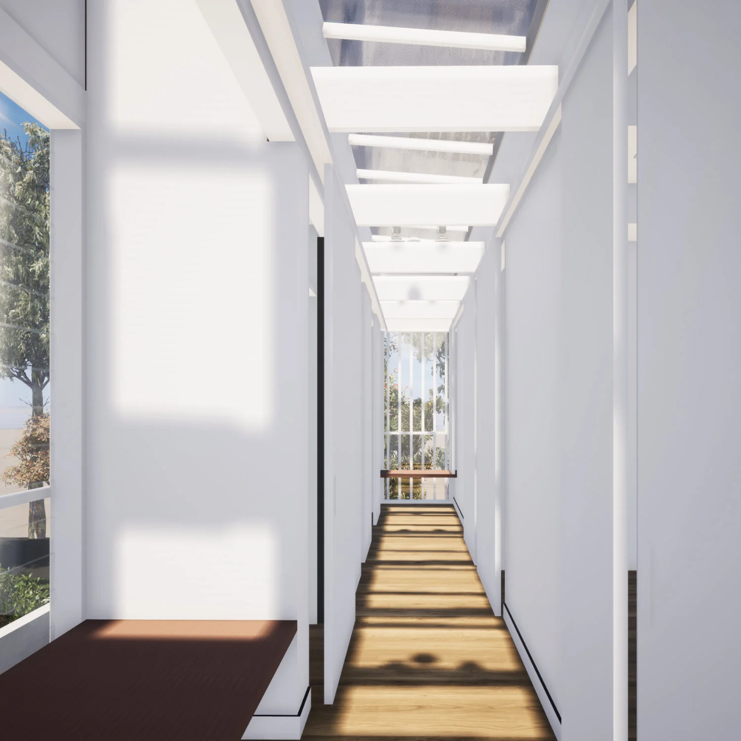  View of internal walkway using translucent roofing to provide daylight and vent the space. 