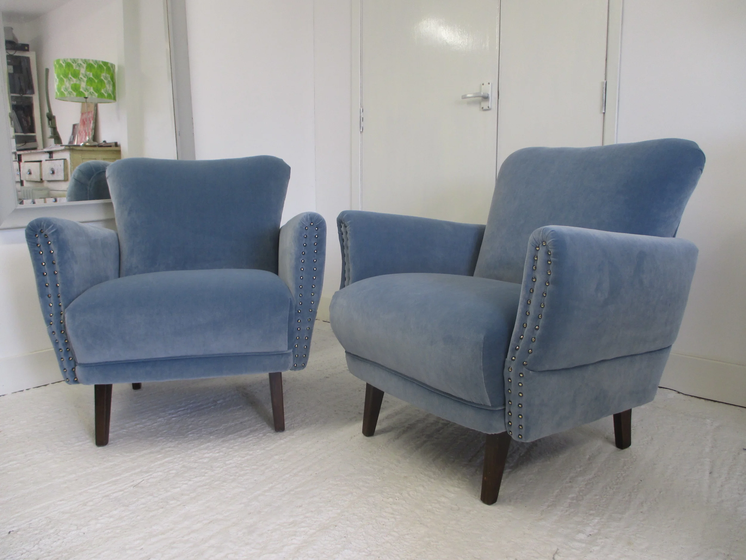 This August I have had the pleasure of recovering these two armchairs. They are from the 1960s and were bought on ebay and shipped over from Germany. Now they are on their way to the owners seaside retreat in Hastings. The fabric is a blue velvet from Linwood. 