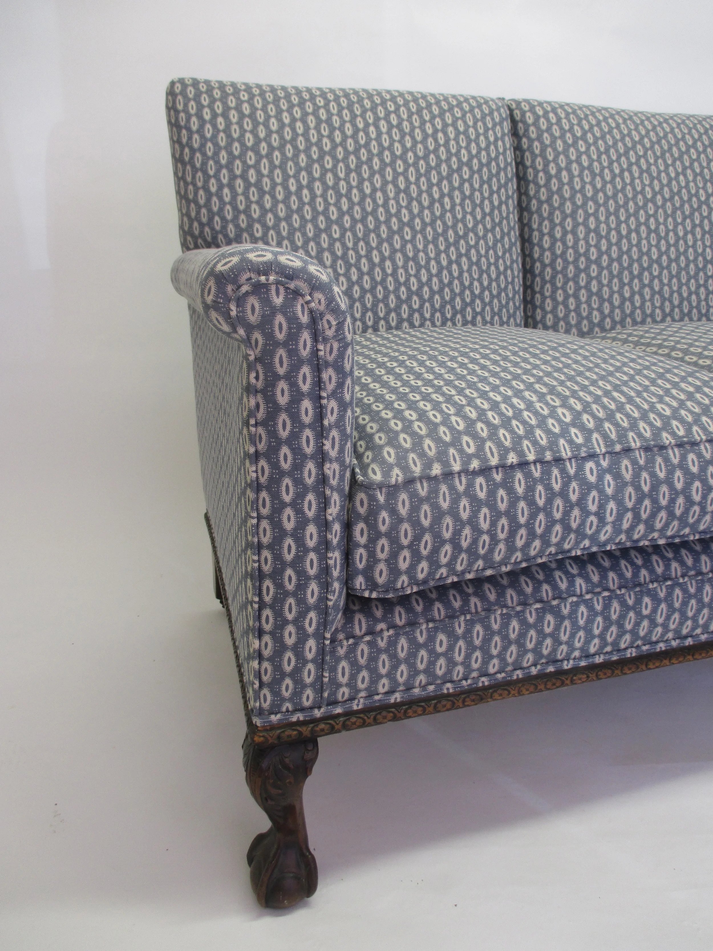 This sofa was purchased at auction and was in some need of a little tic! But it came up beautifully. The fabric is from Nile & York. 