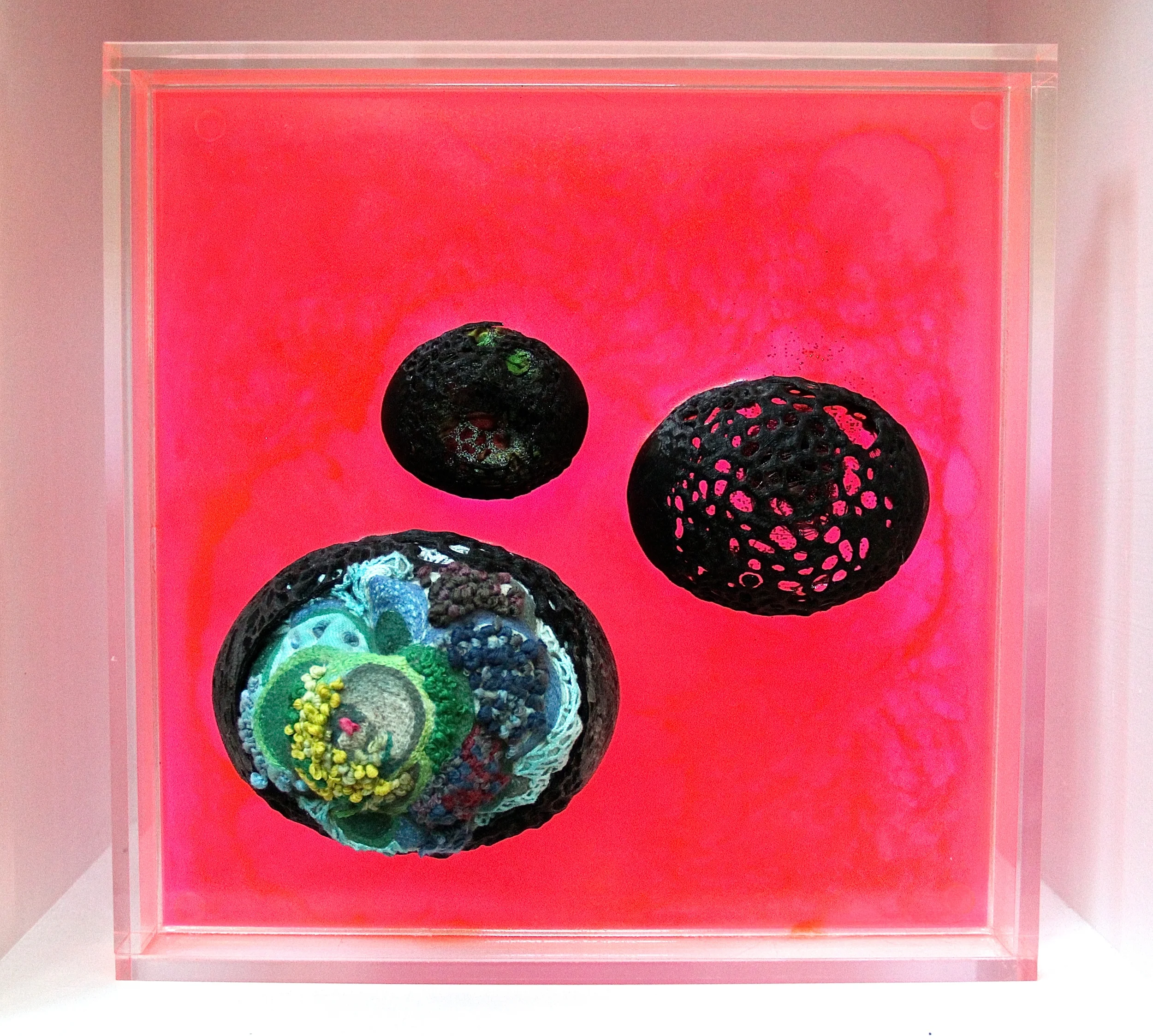 The final piece. That piece above and more pieces have been embedded into resin that I hand colored and set in a glowing, color-changing Lucite tray. See more details of this piece on my website at www.monaleisa.com 