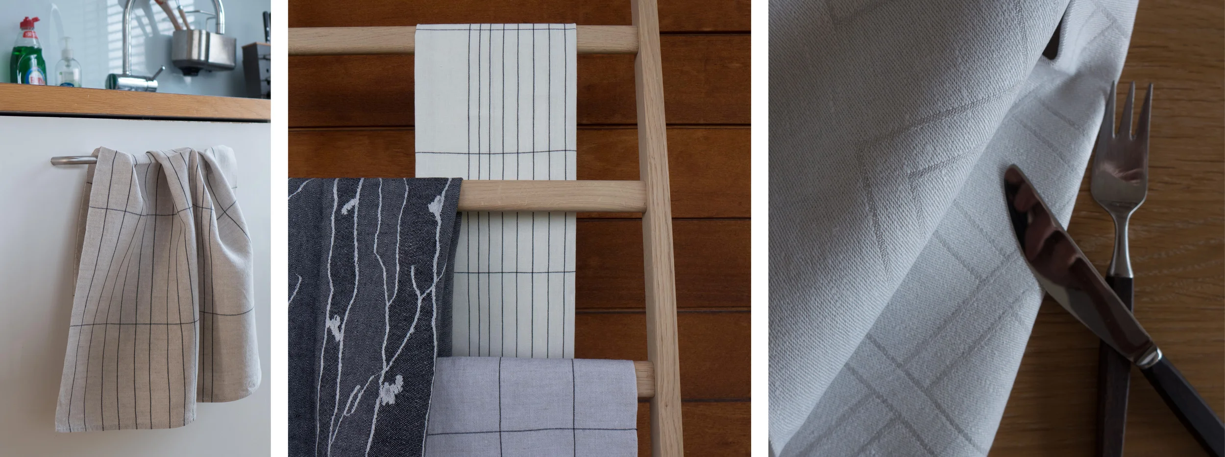 Manhattan tea towel in natural Bjork and Manhattan in white and natural Flätan napkin