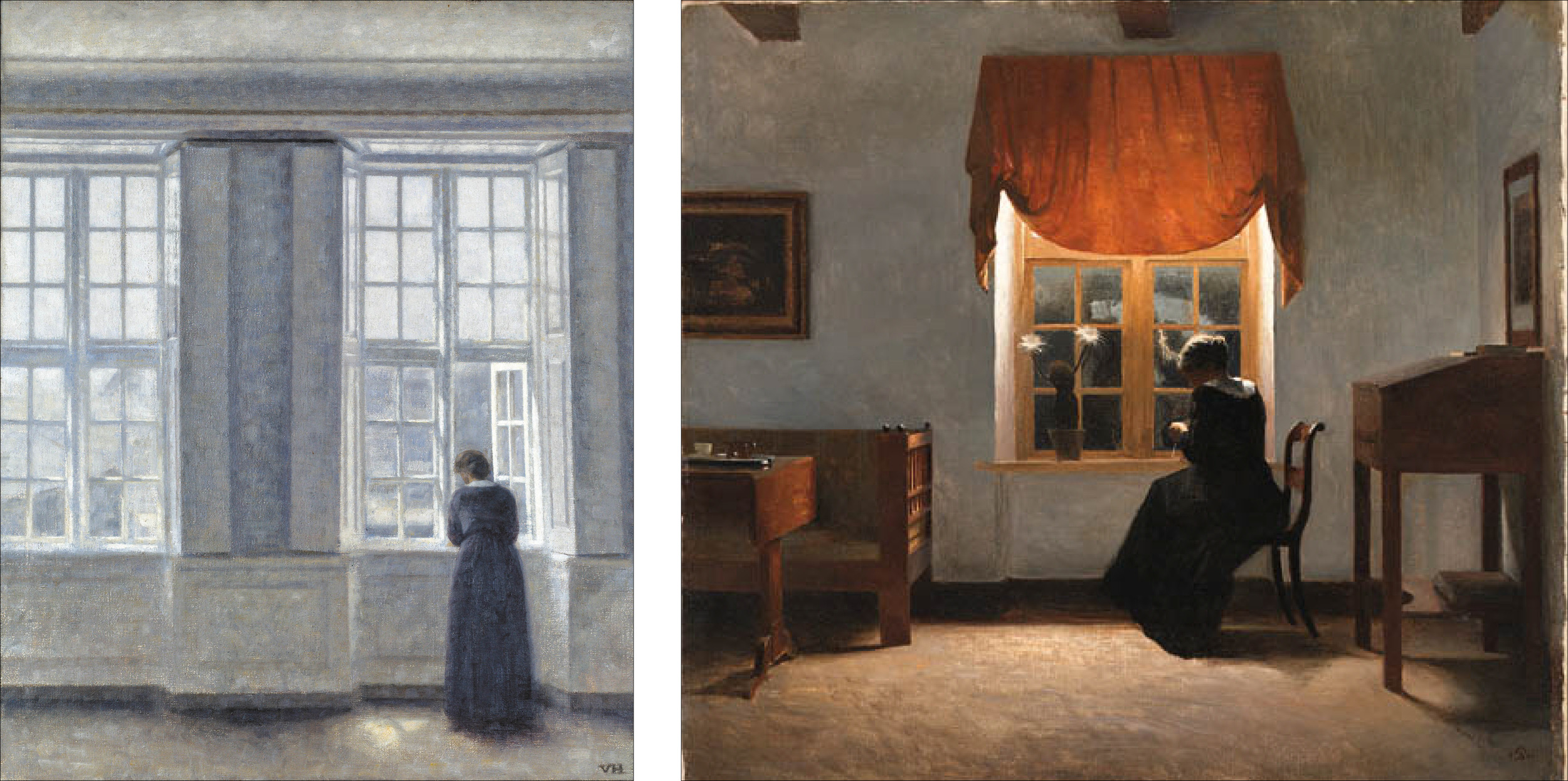 An interior with tall windows painted in 1913 by the Copenhagen artist Vilhelm Hammershøi (1814-1916). The painting is now in the Ordrupgaard Museum north of Copenhagen. An interior in evening light with a woman knitting was painted by Peter Ilsted (1861-1933). He was Hammershøi's brother-in-law. (Images from Wikipedia)