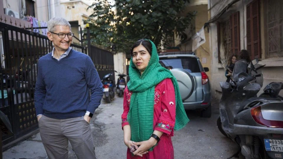 Apple CEO Tim Cook and Malala Yousafzai visit with Lebanese and Syrian students in Beirut.