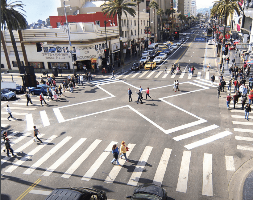 The scramble crosswalk at Hollywood Blvd and Highland in Los Angeles. Photograph: LADOT