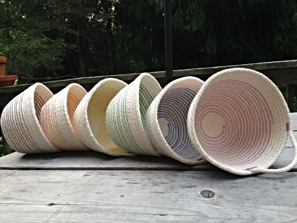 Colorful, durable coiled rope baskets (N. Totino Clark, ColeMama Creations )