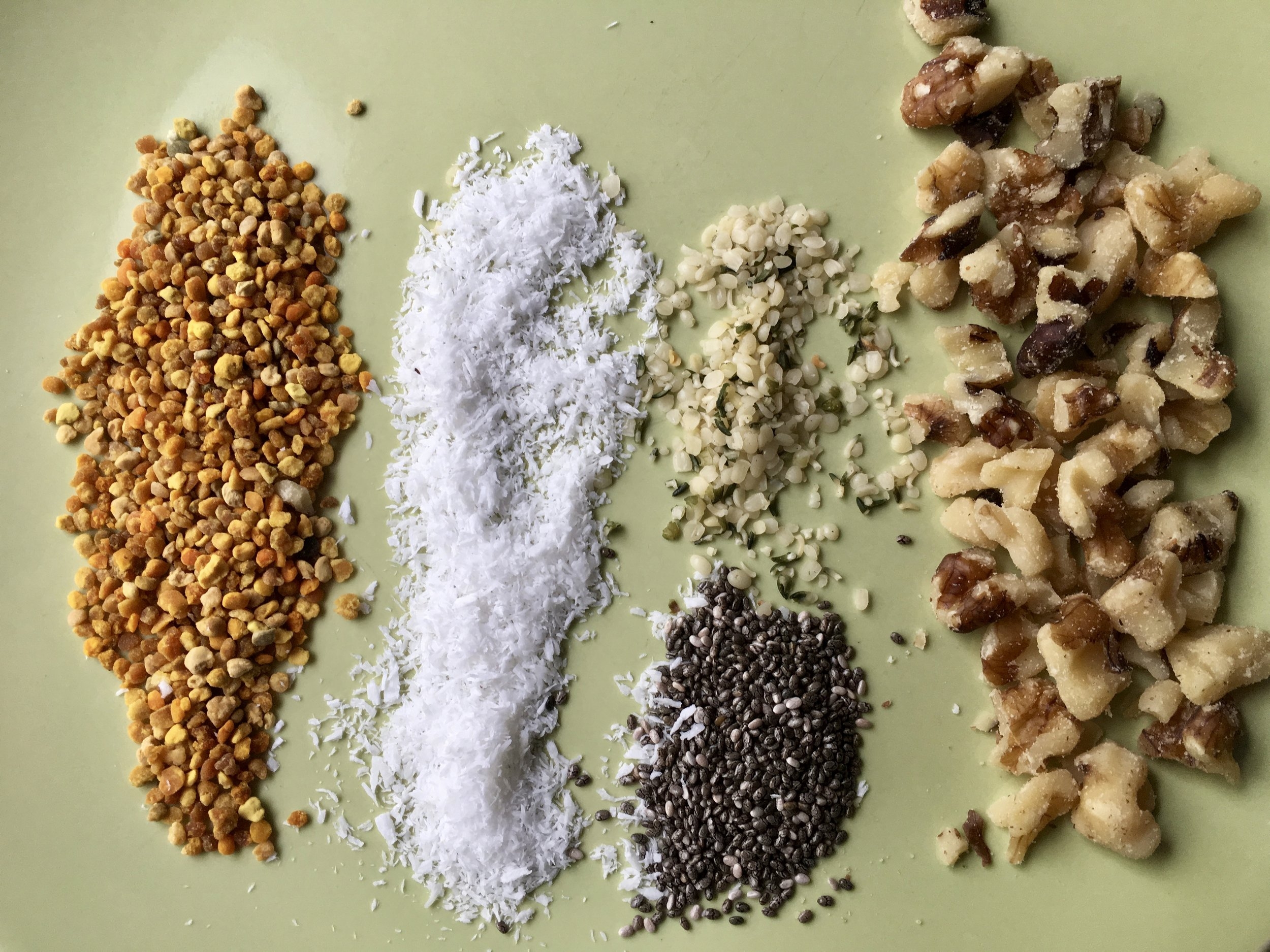 Energy Bite add-ins: bee pollen, unsweetened coconut flakes, hemp hearts, chia seeds, walnuts