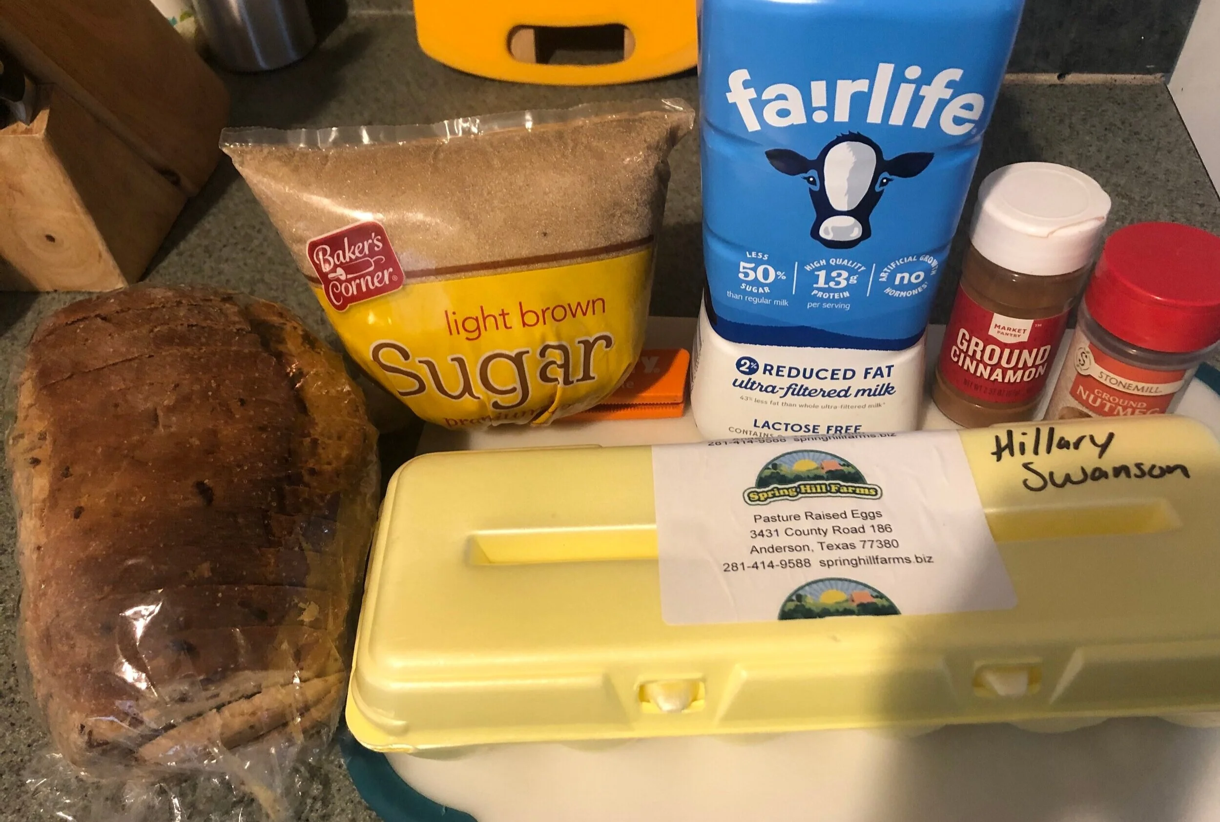  These are the ingredients to make Cinnamon Raisin French Toast. I used bread from Galveston Bread Co. and eggs from Spring Hill Farms. Both are linked above. 