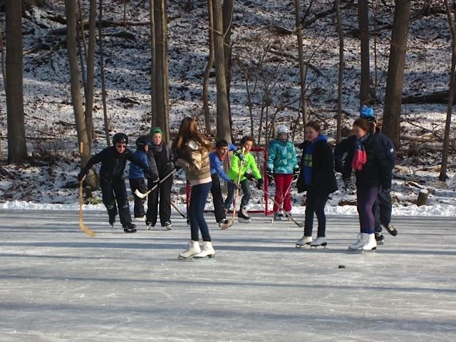 We always enjoy skating in our backyard in Poughkeepsie, NY. We have bins and bins of second-hand skates, a bonfire, kind friends who help us clear the snow, a "manual" zamboni contraption, and a lot of fun with everyone and anyone who shows up - toddlers to retirees. We make s'mores and roast hot dogs because all snacks freeze while we play. (Yesterday, Nature invented the Apple Cider Slushie.) - Anna C