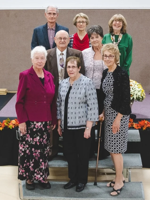 Class of 1958 Back Row: Roger Stocker, Jane Nowack Thayer, Carol Hutchinson Middle Row: Ferrill Rose, Joetta Jones Wineland Front Row: Violet Ross Keightly, Bonny Statser Rice, Diana Cowan