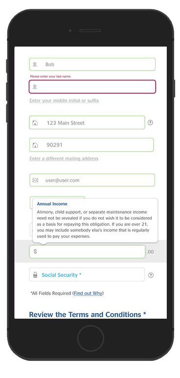 5. Visual cues throughout the process make it instantaneously clear when the user has skipped required information, has provided appropriate information, has options to provide alternative information, or needs special clarification for certain input fields.