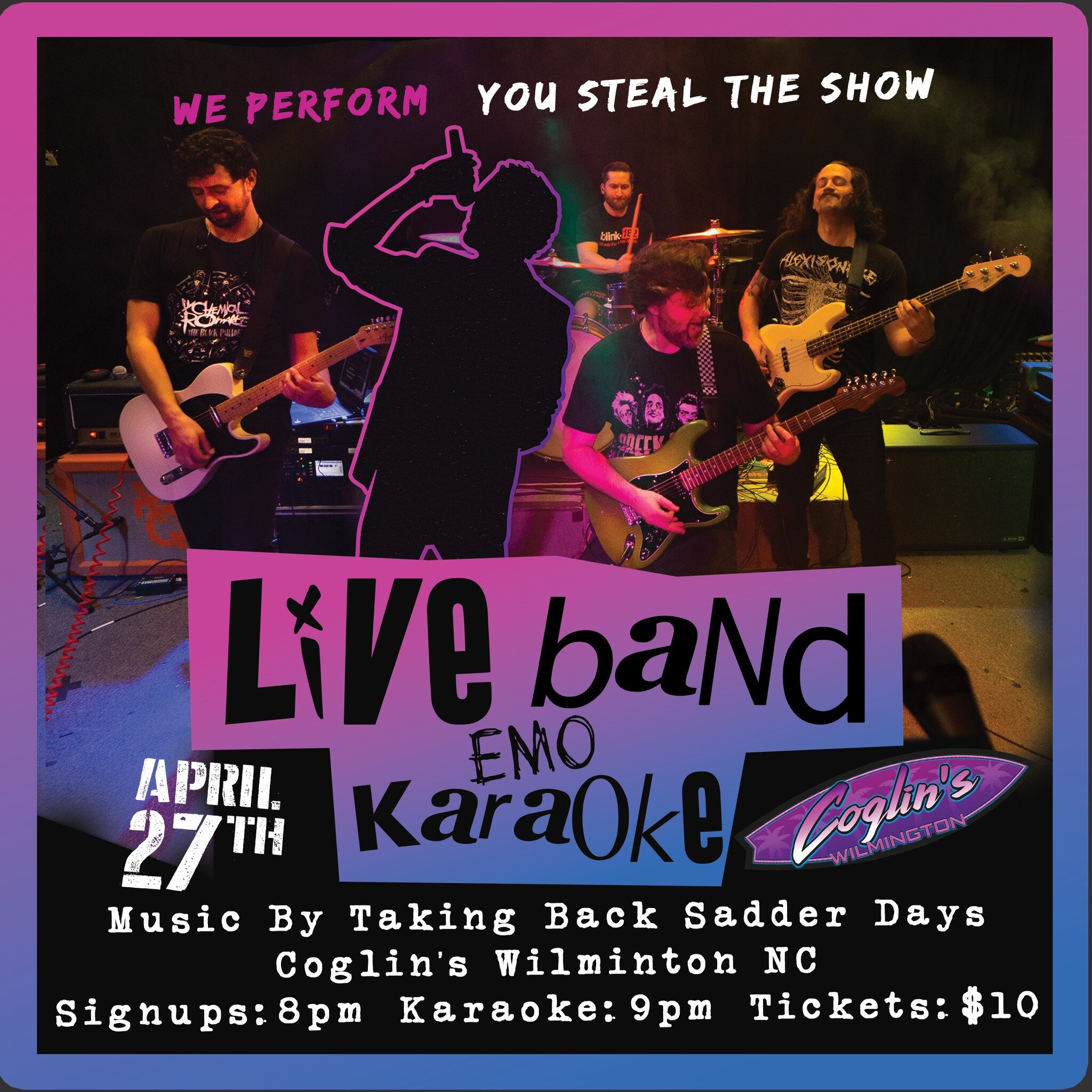 Get ready to sing your heart out and relive the glory days of emo music with Taking Back Sadder Days at Coglin's Live Band Emo Karaoke on April 27th! Feel like you're part of the band with this unique karaoke experience.

Sign ups start at 8pm and Ka