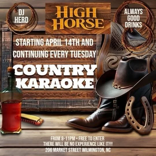 Tonight and every Tuesday at High Horse we're lighting up with Country Karaoke! Don't miss your chance to take the stage and sing your favorite country tune.

🗓 Every Tuesday
⏰ 8&ndash;11PM
📍 206 Market Street, Wilmington, NC
🎟 Free to enter