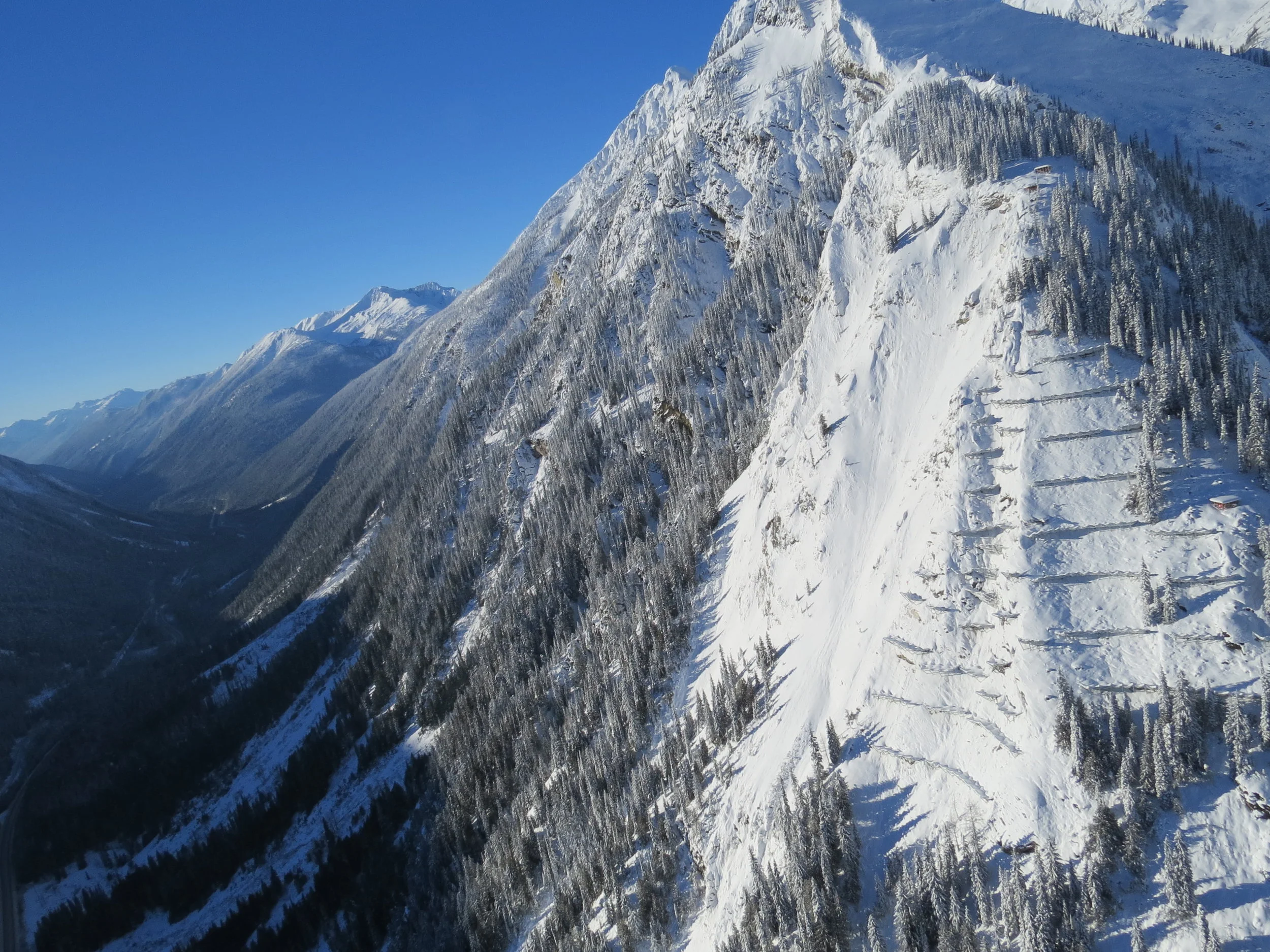 Cougar Corner avalanche paths above the Trans-Canada Highway